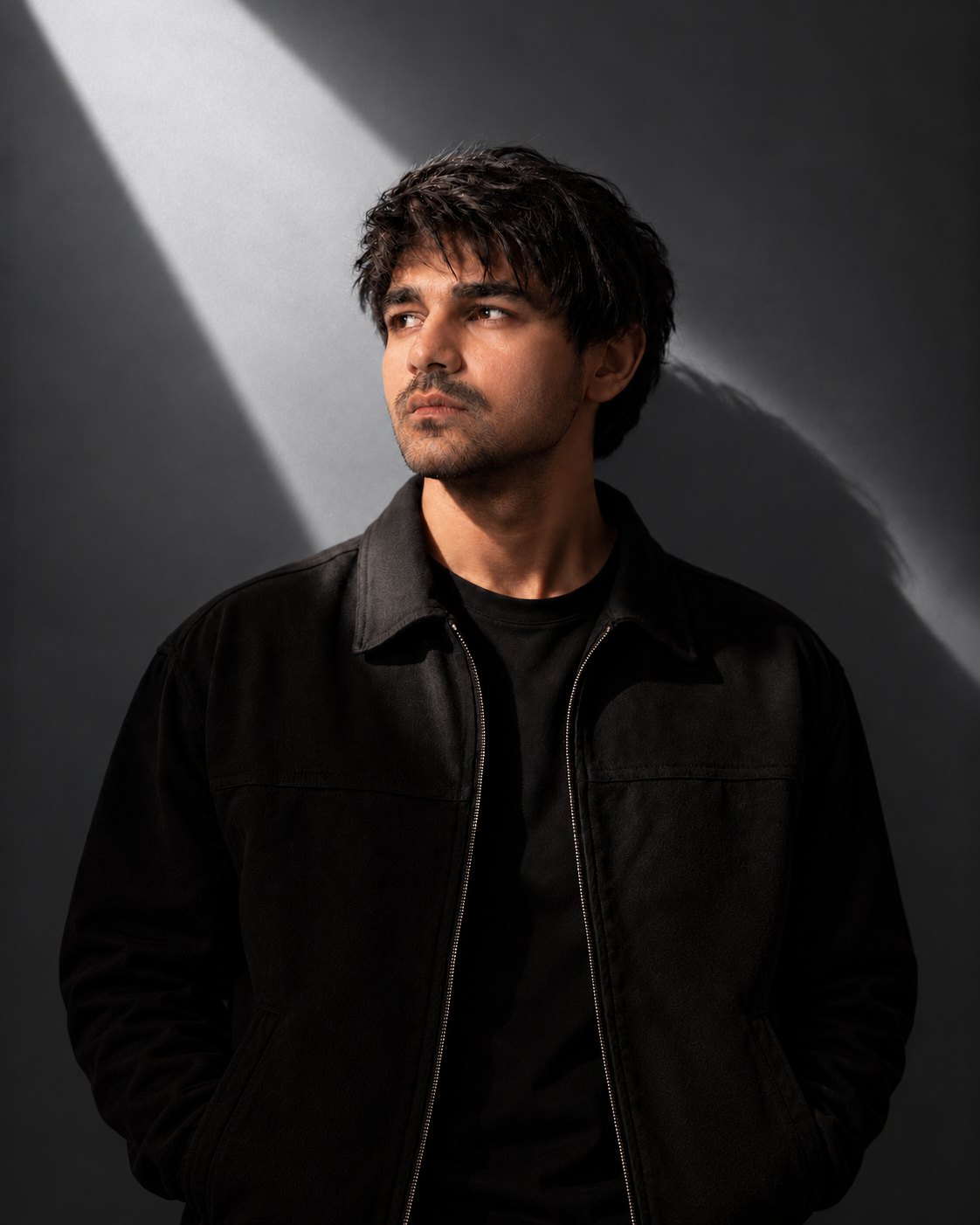 Prashant Singh in a black jacket, looking off to one side in a beam of light