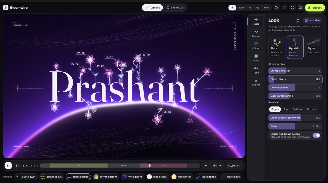 Bloomwire: the word Prashant with circuit flowers growing from the letters
