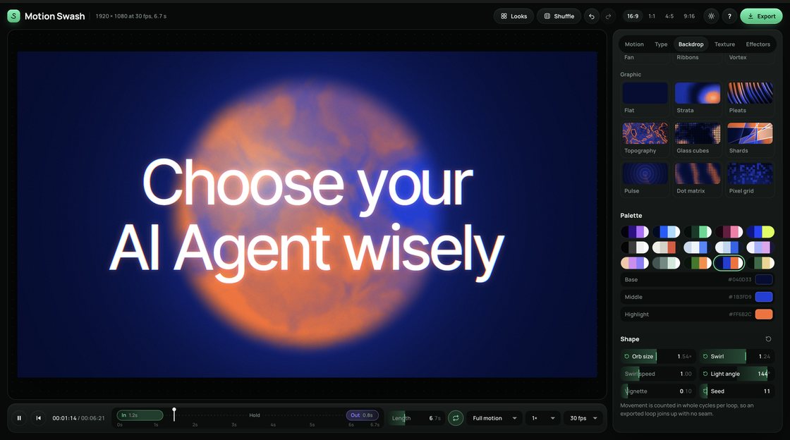 Motion Swash: the words Choose your AI Agent wisely over an orange and blue orb