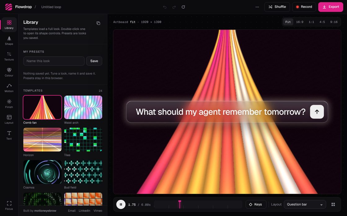Flowdrop: procedural shader background with a question bar layout